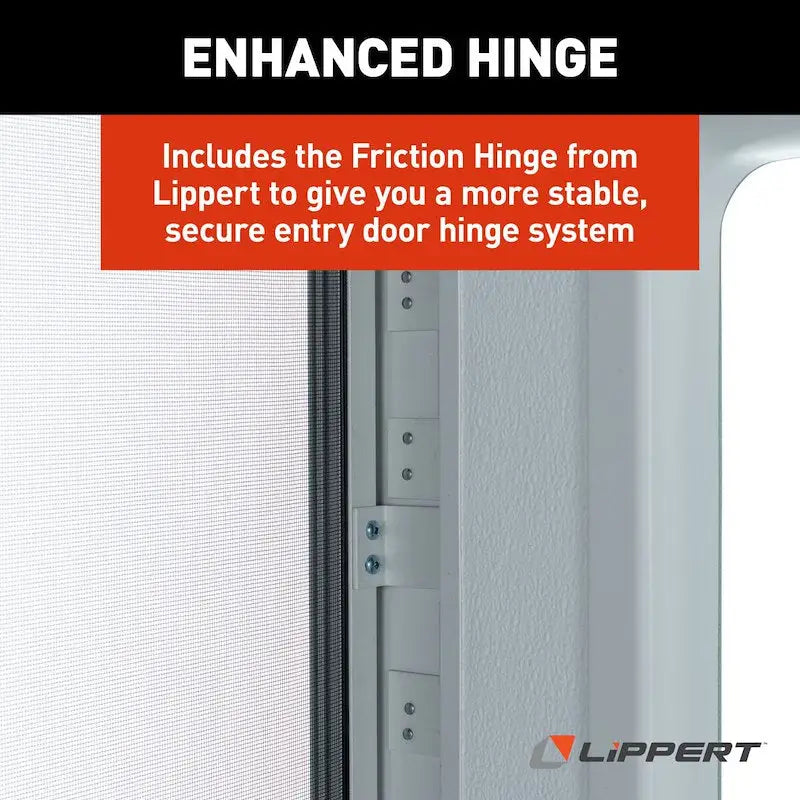 Enhanced hinge detail of the V000149585 Lippert RV Entry Door Square Door, offering secure and stable functionality.