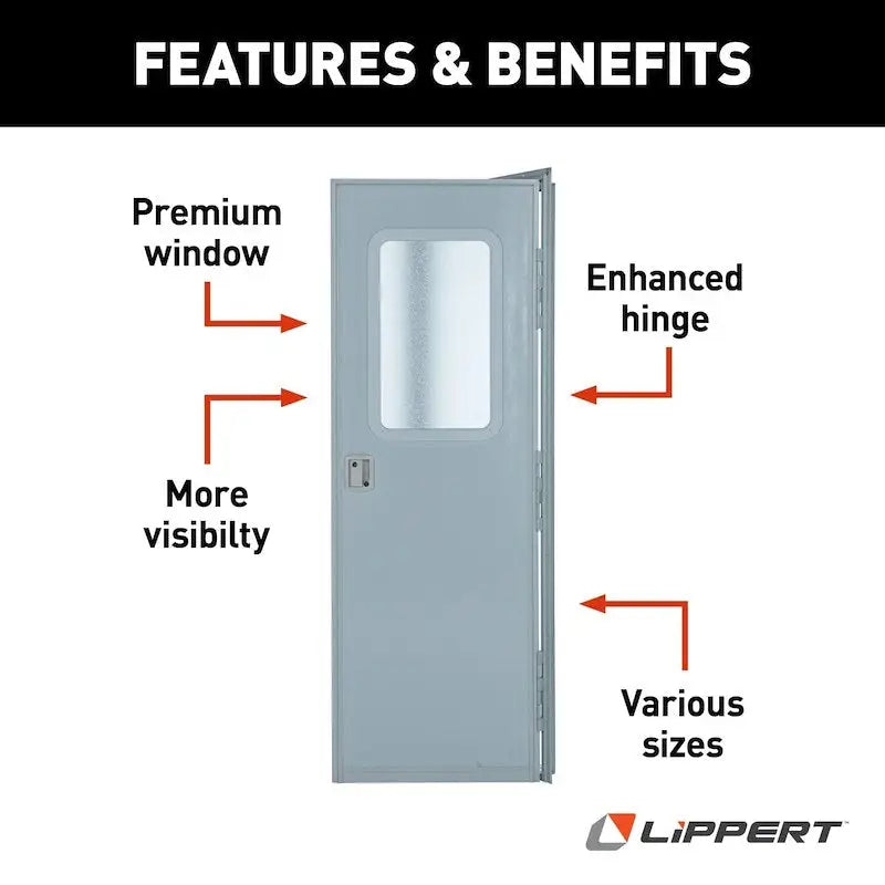 V000149585 Lippert RV Entry Door Square Door features a premium window and enhanced hinge for better visibility.