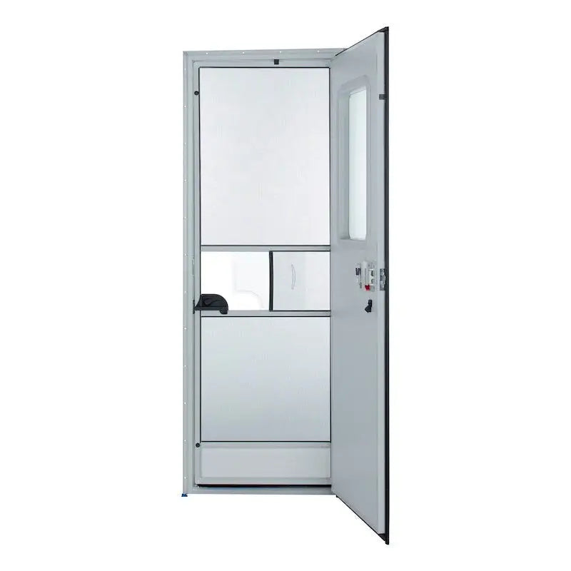 V000149585 Lippert RV Entry Door Square Door features a polar white finish and right-side hinges for easy access.