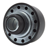 Black and silver valve cover breather with circular holes for engine venting