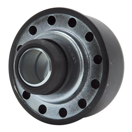 Black and silver valve cover breather with circular holes for engine venting