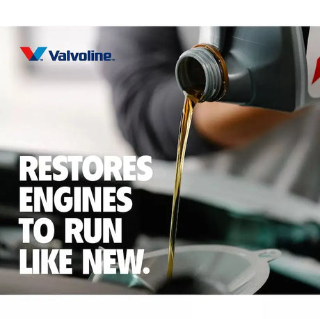 Valvoline 904536 Oil Restore pouring SAE 0W-20 synthetic into funnel — Valvoline 1 qt restores engines
