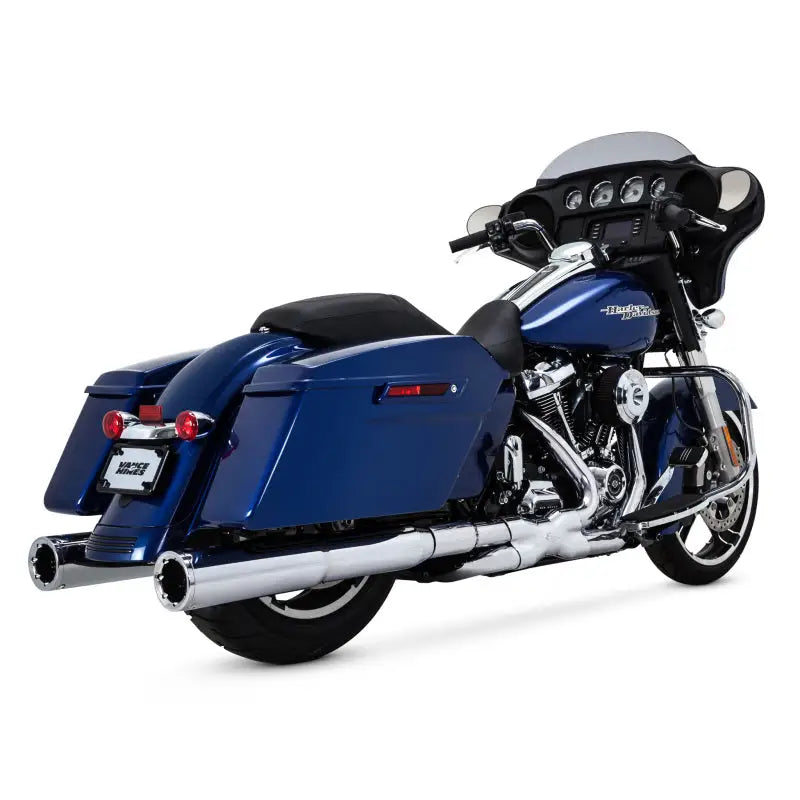 Blue Harley-Davidson touring motorcycle with Vance and Hines Power Duals PCX Chr M8