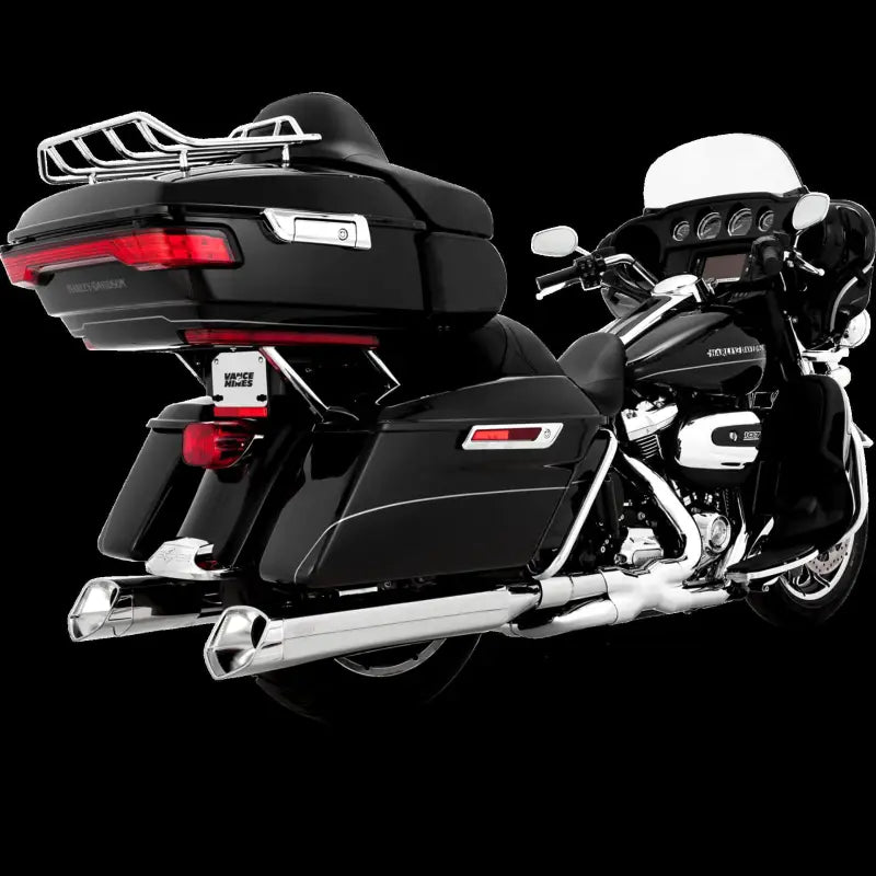 Black touring motorcycle with Vance and Hines VO2 Display for sharp tech look