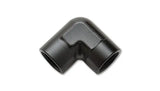 Black metal 90-degree female pipe coupler fitting for plumbing and piping projects