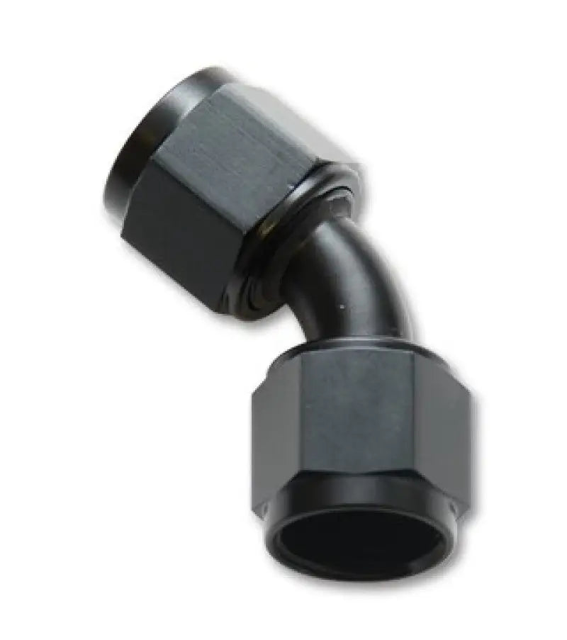 Black 45-degree hose fitting for -20AN female flare swivel connection in Vibrant anodized black