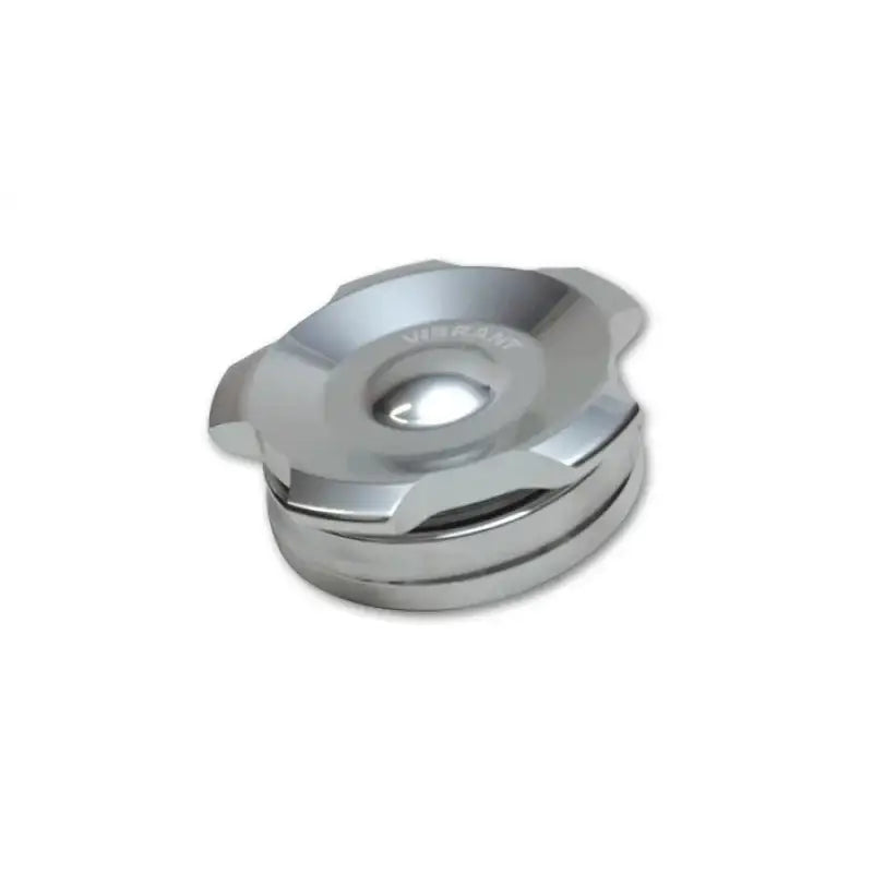 Silver metal cap on Vibrant aluminum weld bungs with polished aluminum threaded cap
