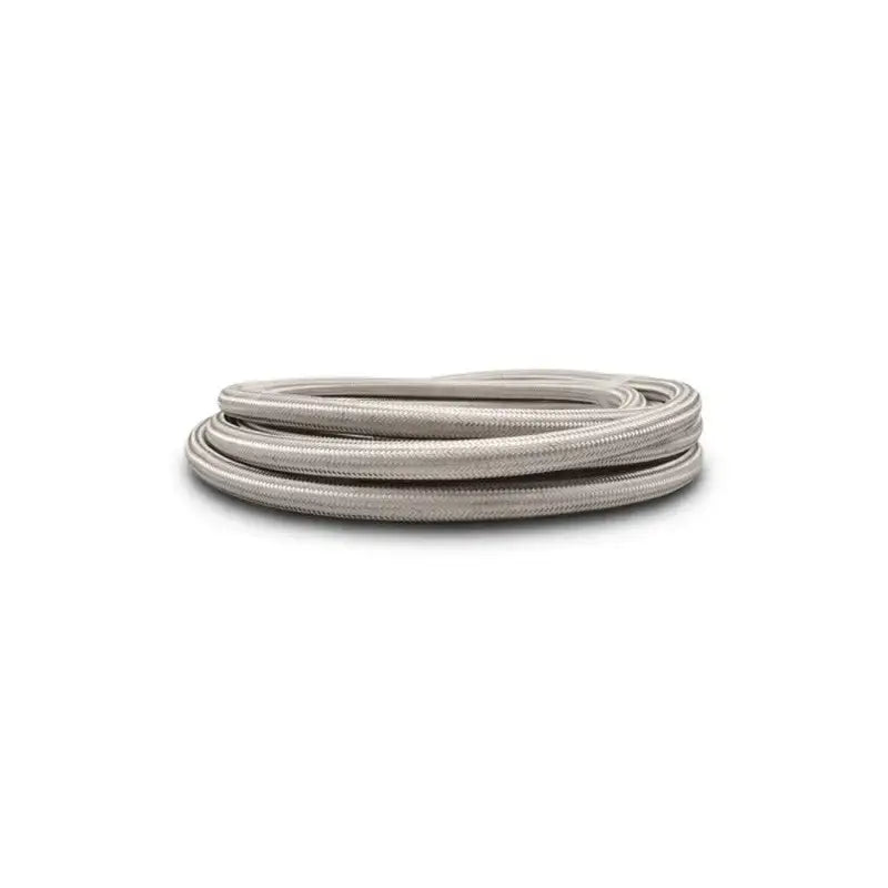 Vibrant stainless steel braided hose coiled in silver, AN-6 PTFE liner
