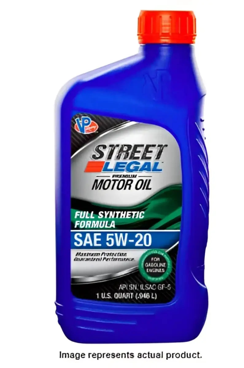 VP3952043 VP Fuel Street Legal Synthetic Formula 5W-20 Motor Oil in blue bottle with red cap.