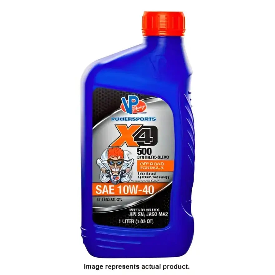 VP Fuel X4-500 10W40 Semi-Synthetic oil container with red cap, designed for off-road performance and engine protection.