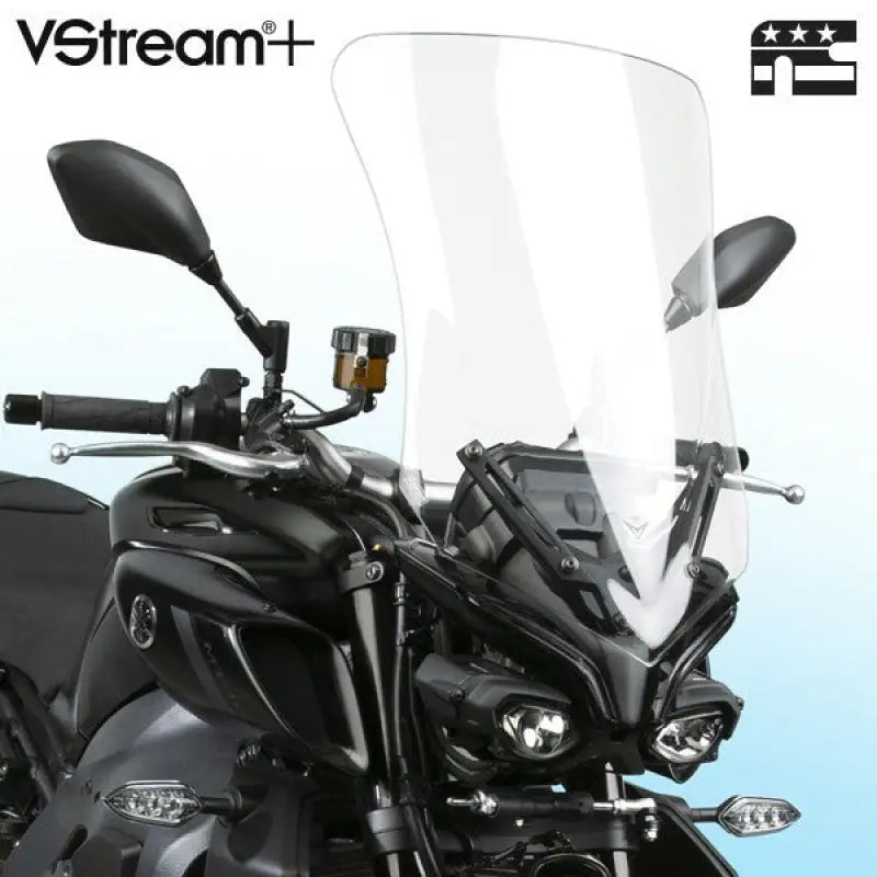 Black motorcycle with a tall clear windscreen for Yam, Vstream+ Windscreen Tall Clear Yam