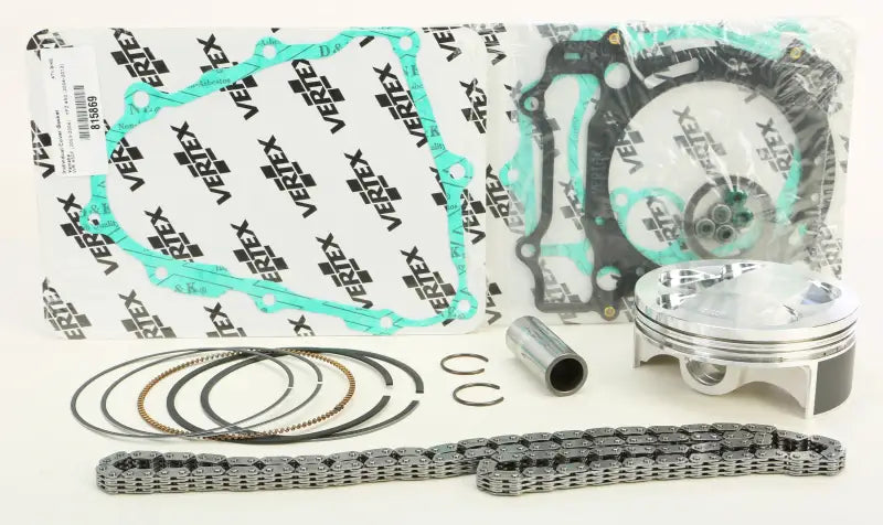 Motorcycle engine rebuild kit with gaskets, piston, rings, pin, clips, timing chain for high compression rebuild