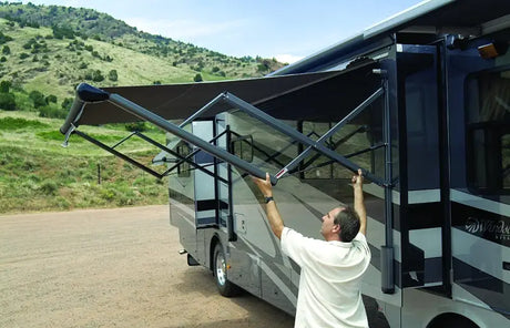 Retractable RV awning with carefree arms for easy, reliable shade VX2550WB Carefree Arms