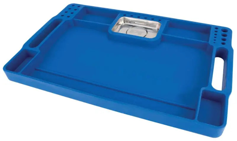 "W1294 Perform Tool Fender Buddy Flexible Tray - Versatile, flexible, blue automotive tool tray with multiple compartments."