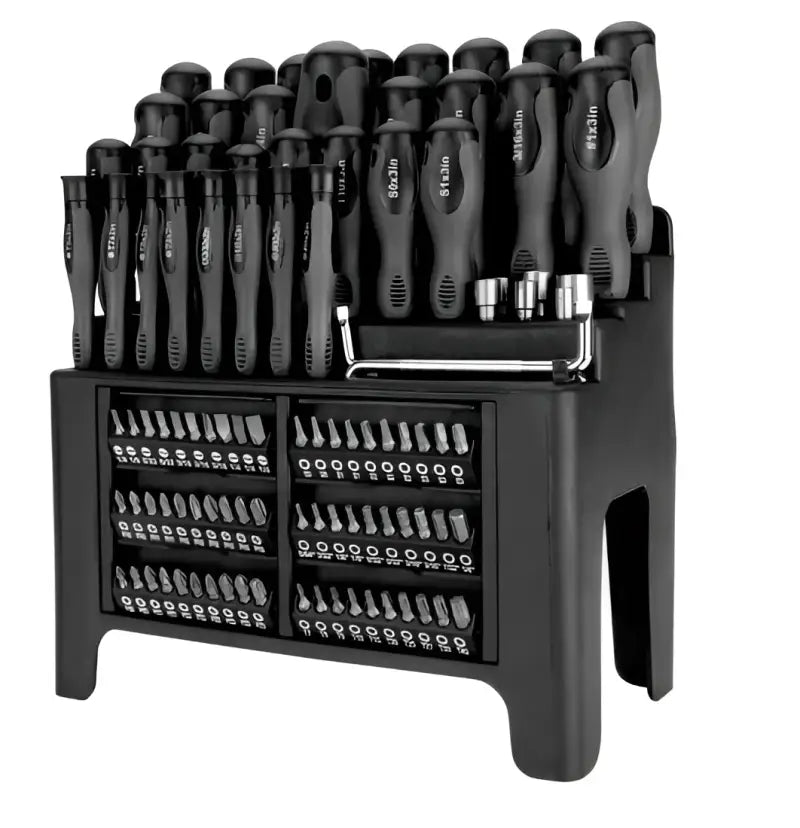 W1736 Perform Tool 100-Pc Screwdriver Set in a black plastic organizer, featuring various screwdriver types and sizes.