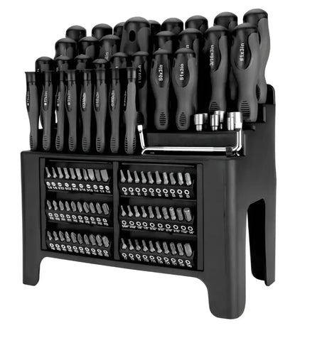 W1736 Perform Tool 100-Pc Screwdriver Set in a black plastic organizer, featuring various screwdriver types and sizes.