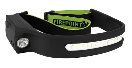 W2676 Perform Tool Dual Beam LED Headlamp with adjustable green FIREPOINT branded head strap and multi-LED front panel for versatile lighting.