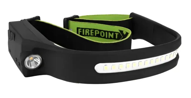 W2676 Perform Tool Dual Beam LED Headlamp with adjustable green FIREPOINT branded head strap and multi-LED front panel for versatile lighting.