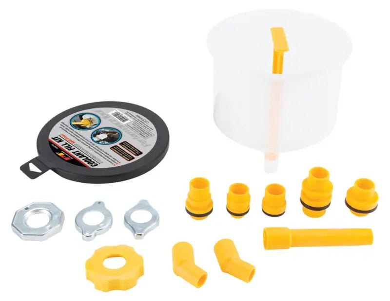 Perform Tool Spill Proof Coolant Funnel Kit with spill-proof funnel, multiple adapters, and ergonomic handle for efficient coolant refills.