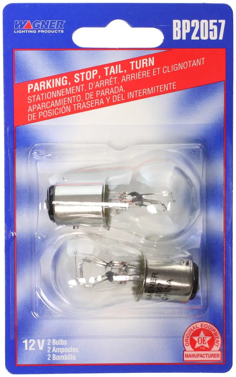 Two miniature tail light bulbs in packaging for Wagner Lighting BP2057 tail light bulb set