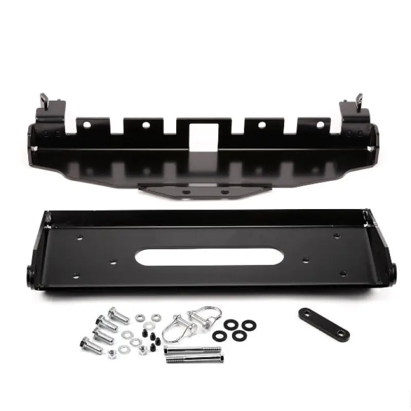 Black metal winch mounting kit for Kubota RTV900 using WARN Industries plow mount