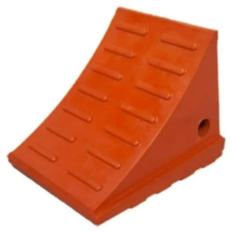 Orange rubber wheel chock from Driver Industry for general purpose safety and stability