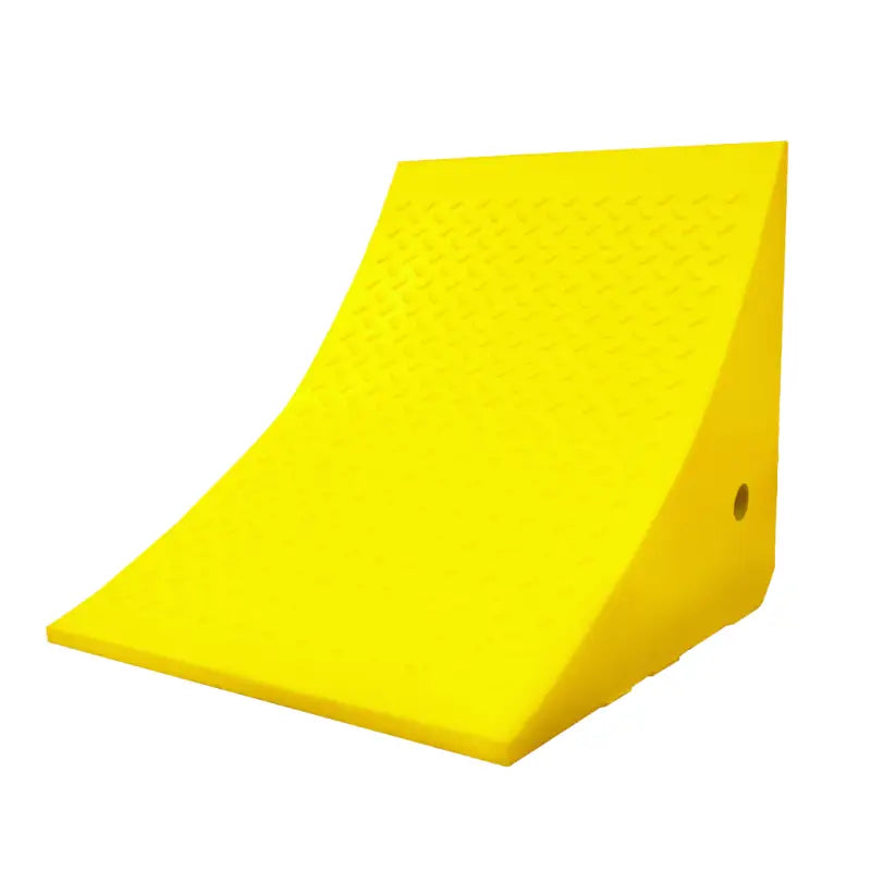 Yellow rubber wheel chock for large equipment by Driver Industry WC-UO700