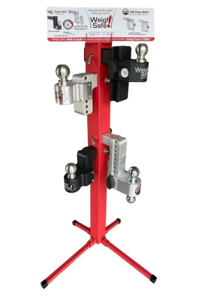 Red Weigh Safe Regular POP display stand with black silver hitch receivers