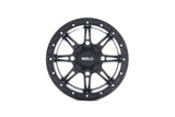 Black metal wheel with circular cutouts for WEL UTV Wheels UTV wheels fitment