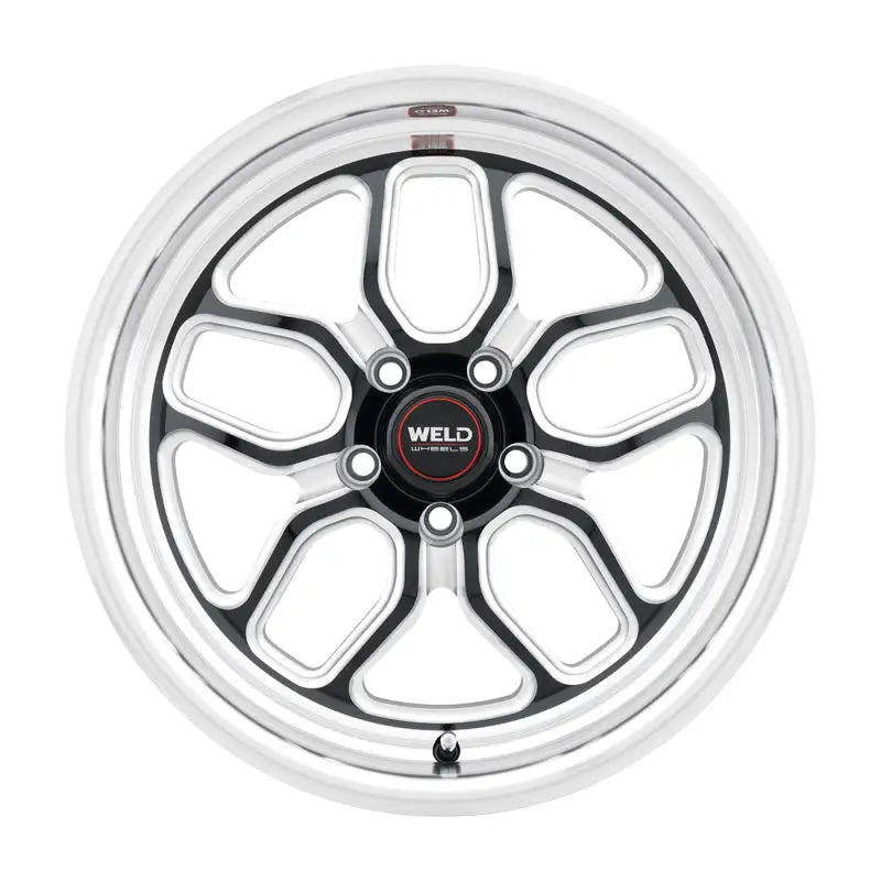Chrome and black Weld racing wheel.