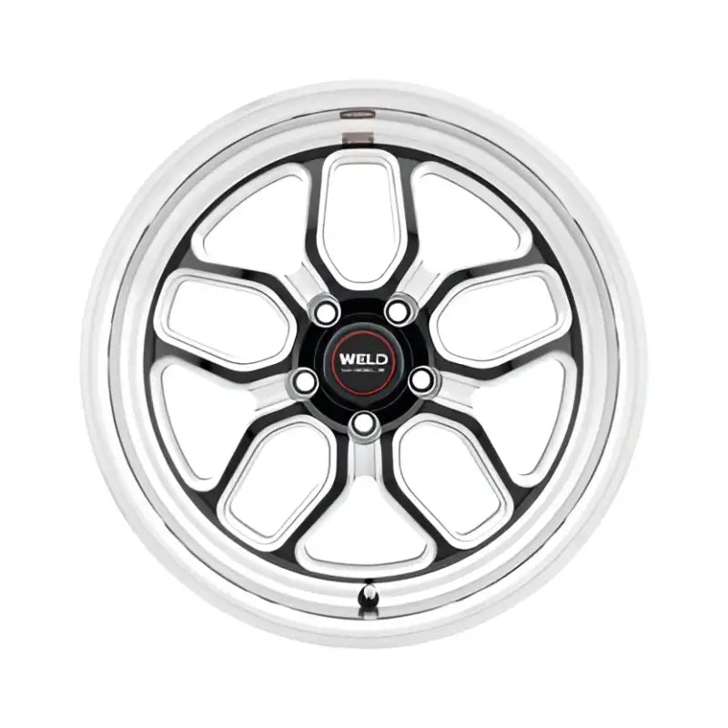 Chrome and black five-spoke wheel.