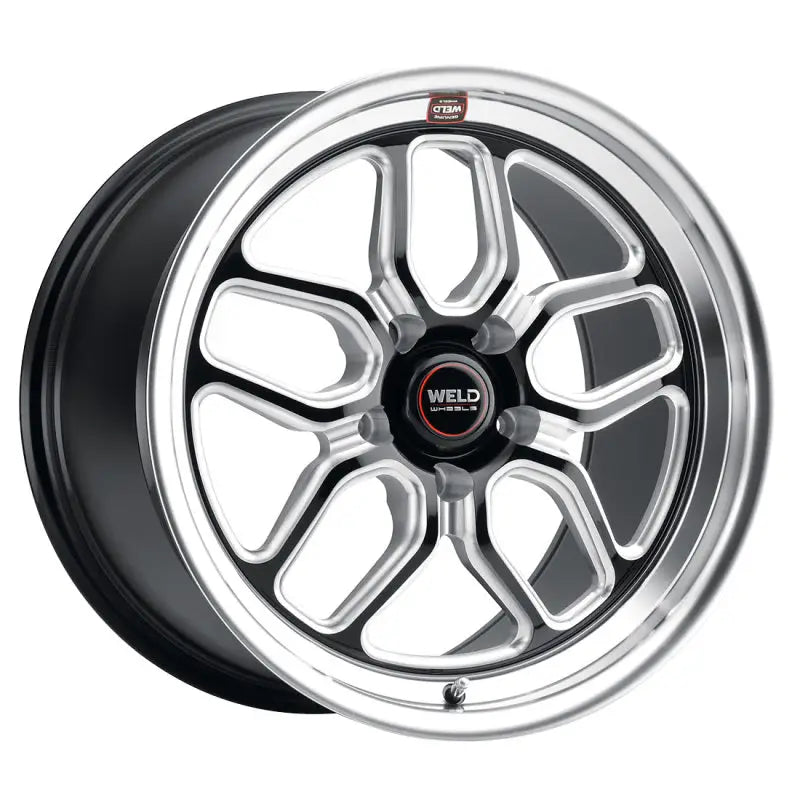 Black and silver Weld racing wheel.