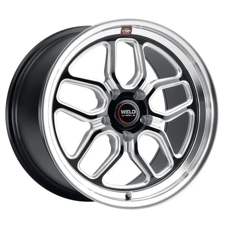 Black and silver Weld racing wheel.