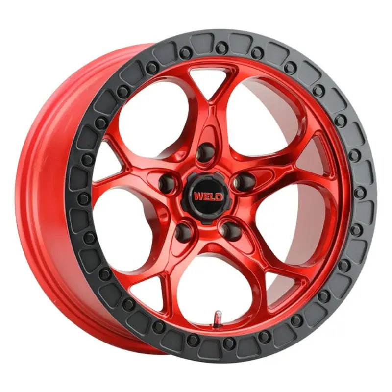 Weld Off-Road W134 17x9 candy red wheel with gloss black ring