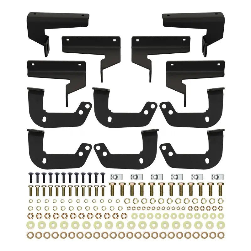 Westin 18-22 Jeep Wrangler JL Unlimited Outlaw Nerf Step Bars installation hardware kit with bolts, nuts, washers, and brackets displayed.