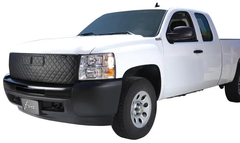 White Chevrolet Silverado 03-05 with a WF924-11 FIA Wft, showcasing a stylish black quilted grille cover for enhanced engine performance.
