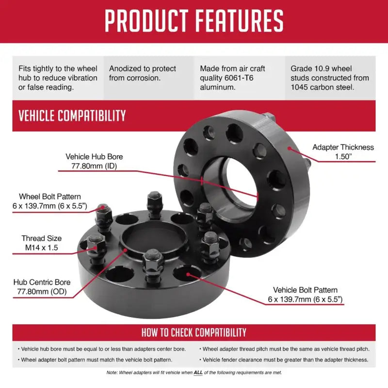 Wheel Adapter 6 x 139.7 Millimeter/ 5.50 Inch Axle Bolt Circle; Hub Centric; 14 Millimeter 1.5 Thread Size Studs; 77.80