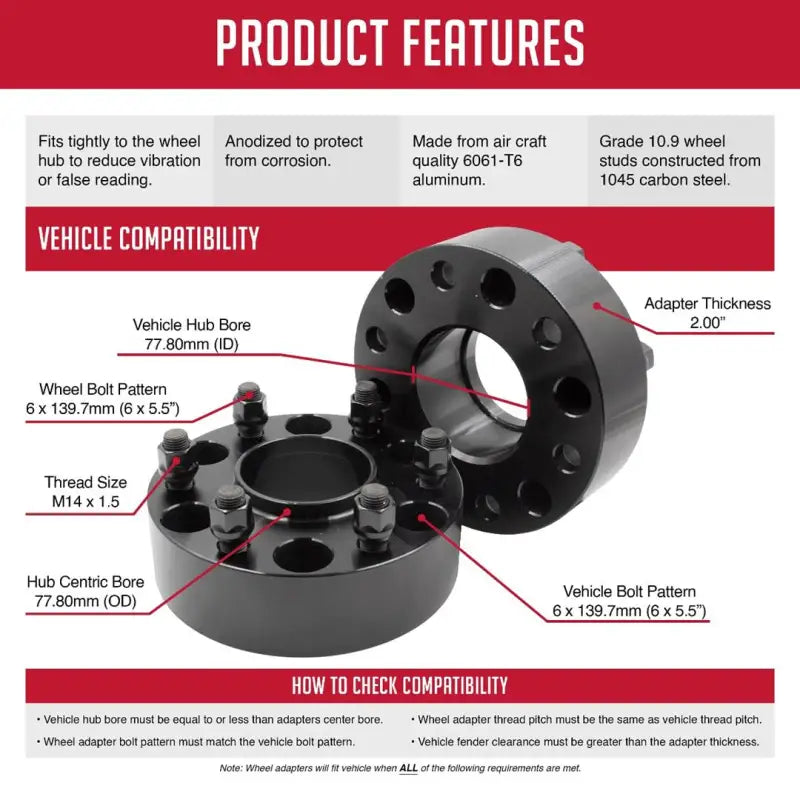 Wheel Adapter 6 x 139.7 Millimeter/ 5.50 Inch Axle Bolt Circle; Hub Centric; 14 Millimeter 1.5 Thread Size Studs; 77.80