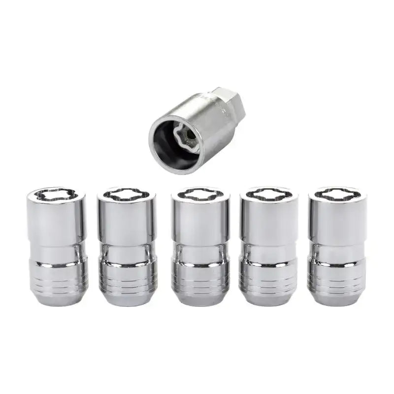 Chrome wheel lock set featuring 14mm x 1.5 thread size and dual hex key wrenches