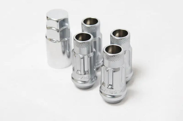 Wheel Mate 12x1.50 48mm Muteki SR48 Silver Open End Locking Lug Nut Set of 4 on white background.