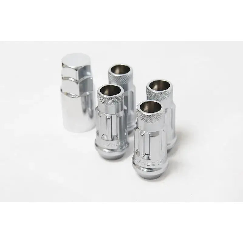 Wheel Mate 12x1.50 48mm Muteki SR48 Silver Open End Locking Lug Nut Set of 4 on white background.