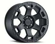 Black alloy wheel from Wheel Pros Black Gauntlet Mountain 18X9 5X150 designed for off-road fun