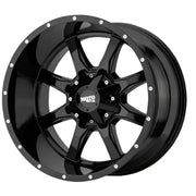 Black glossy Wheel Pros Mo970 20X10 6-Lug wheel with rugged design and silver accents