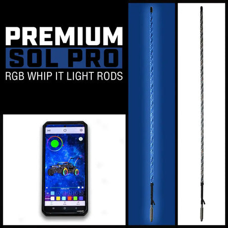 RGB light rod and smartphone showing Whip It 3Ft Black BT RGB light rod