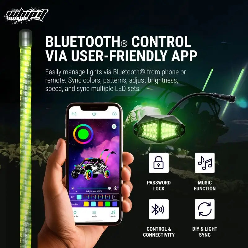LED light whip controlled by smartphone app on 3ft magnet base for easy setup