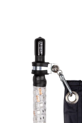 Black and silver clip holding black cylinder with RGB chase set light on 5ft blk fabric
