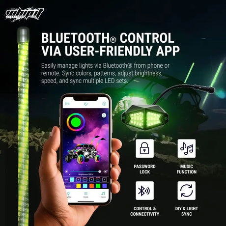 LED whip light with app-controlled Bluetooth on 5ft magnet base for cool effects