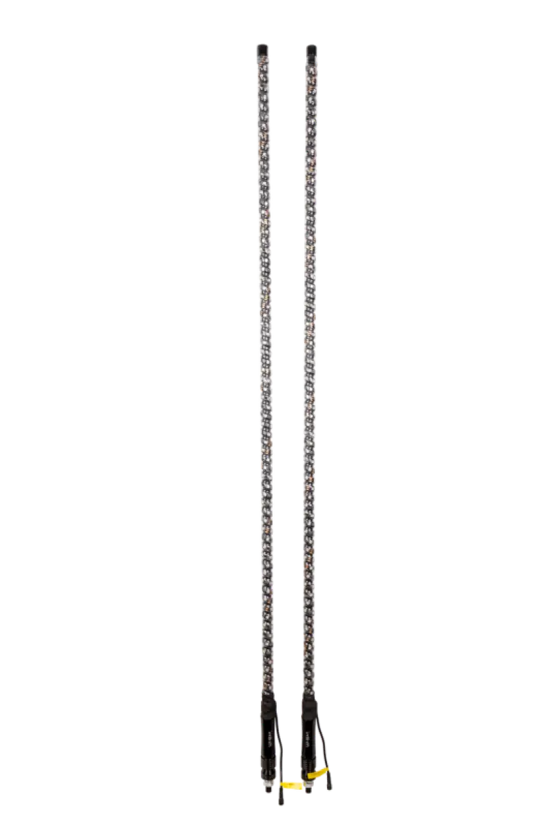 Two long silver chainsaw chains with yellow and black tips for Whip It 6Ft Qd Rgb Chase Led Whip Set