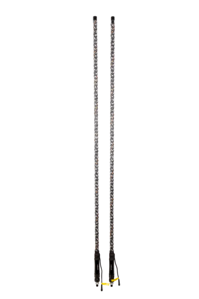 Two long silver chainsaw chains with yellow and black tips for Whip It 6Ft Qd Rgb Chase Led Whip Set