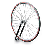Bicycle wheel with red tire on WHL1 Saris Cyclin Traps Wheel Holder Black
